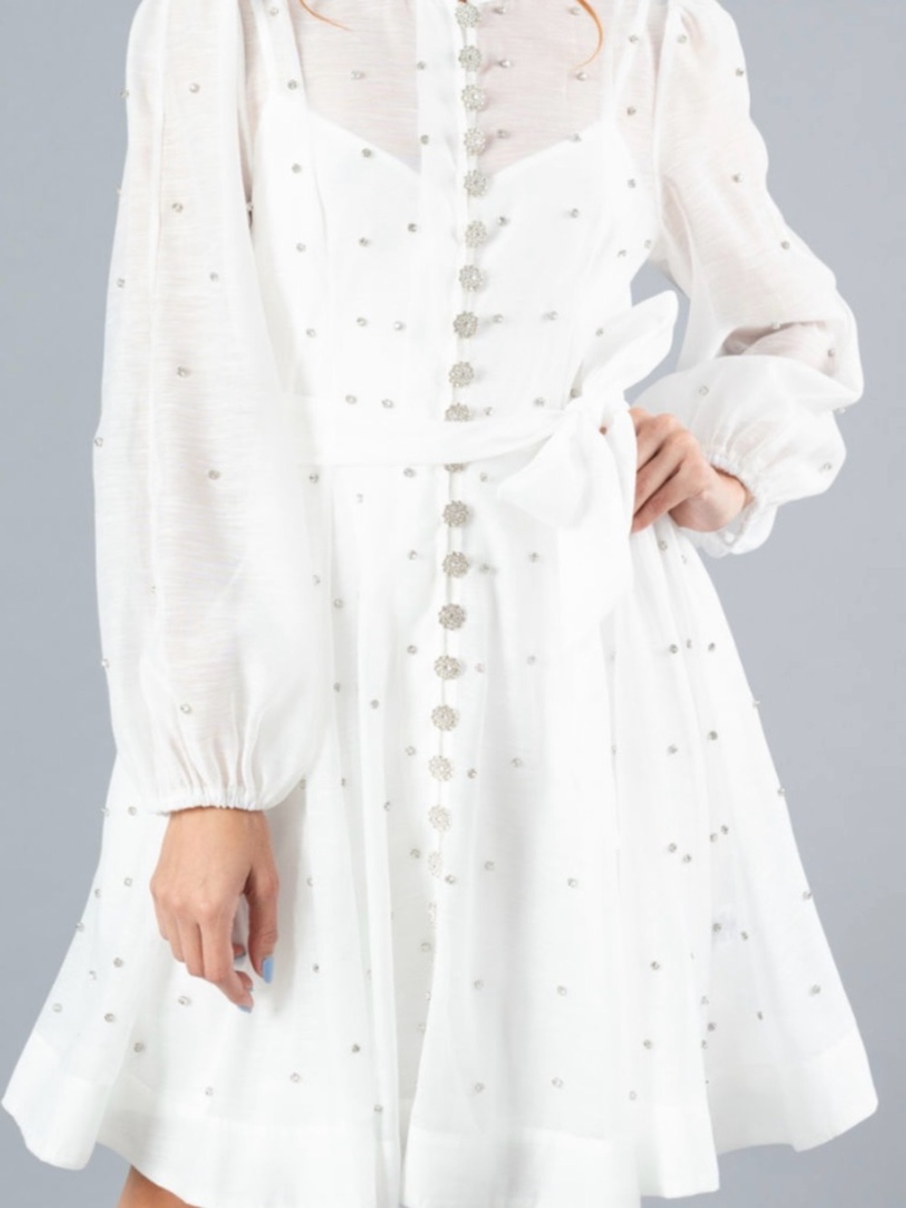 Embellished White Tie-Waist Mini Dress - Picture 2 of 9
